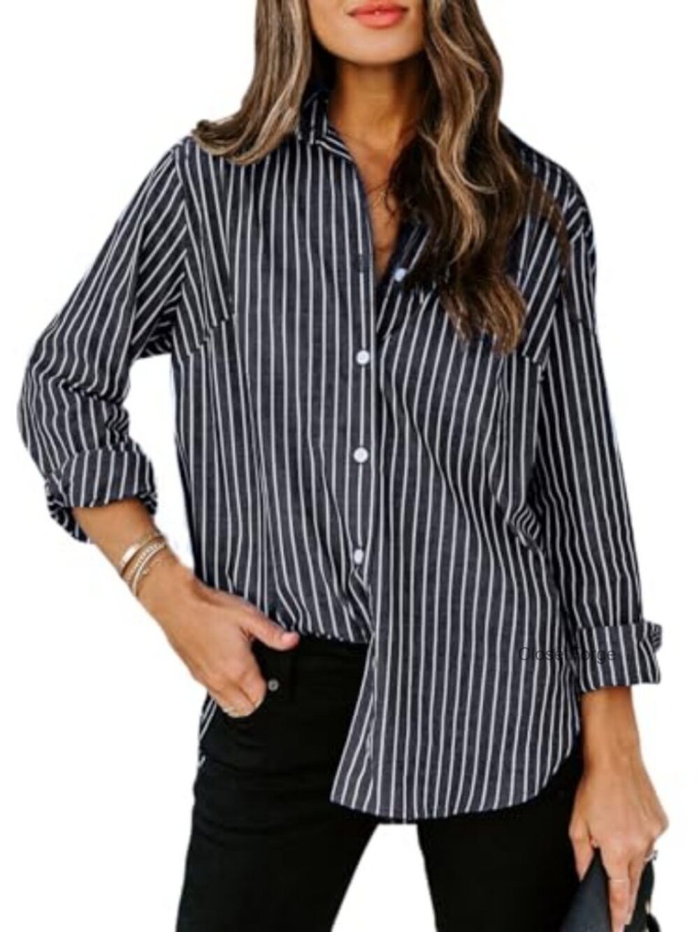 Womens Cotton Striped Long Sleeve Button Down Collared Office Work Shirt